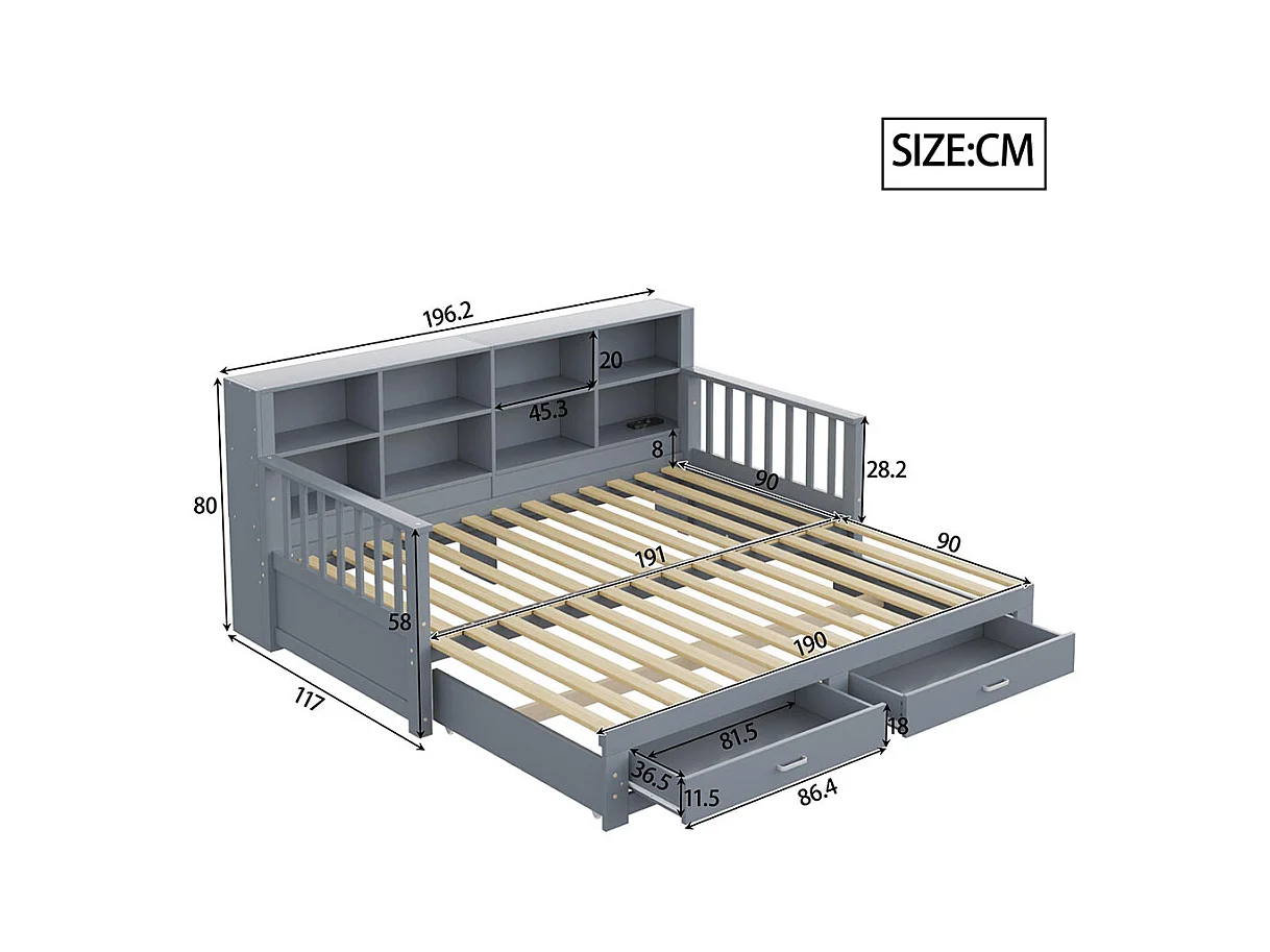 Lit combine extensible en bois massif 90/180x190 armoire de rangement avec prise de charge dans l'accoudoir avec 2 tiroirs et sommier à lattes lit en pin gris