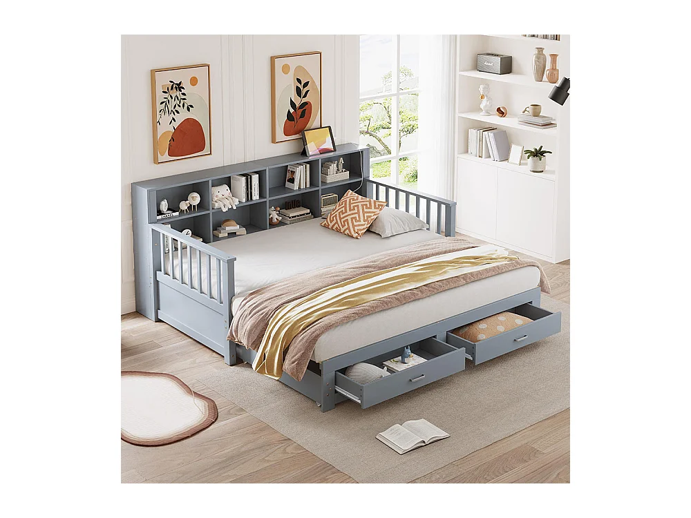 Lit combine extensible en bois massif 90/180x190 armoire de rangement avec prise de charge dans l'accoudoir avec 2 tiroirs et sommier à lattes lit en pin gris