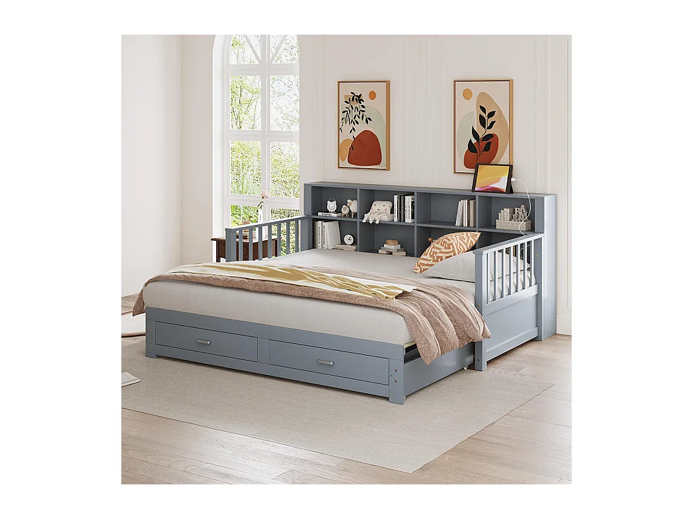 Lit combine extensible en bois massif 90/180x190 armoire de rangement avec prise de charge dans l'accoudoir avec 2 tiroirs et sommier à lattes lit en pin gris