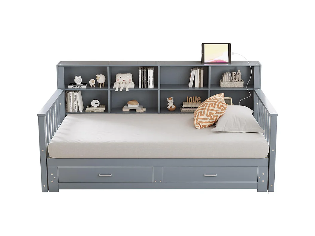 Lit combine extensible en bois massif 90/180x190 armoire de rangement avec prise de charge dans l'accoudoir avec 2 tiroirs et sommier à lattes lit en pin gris