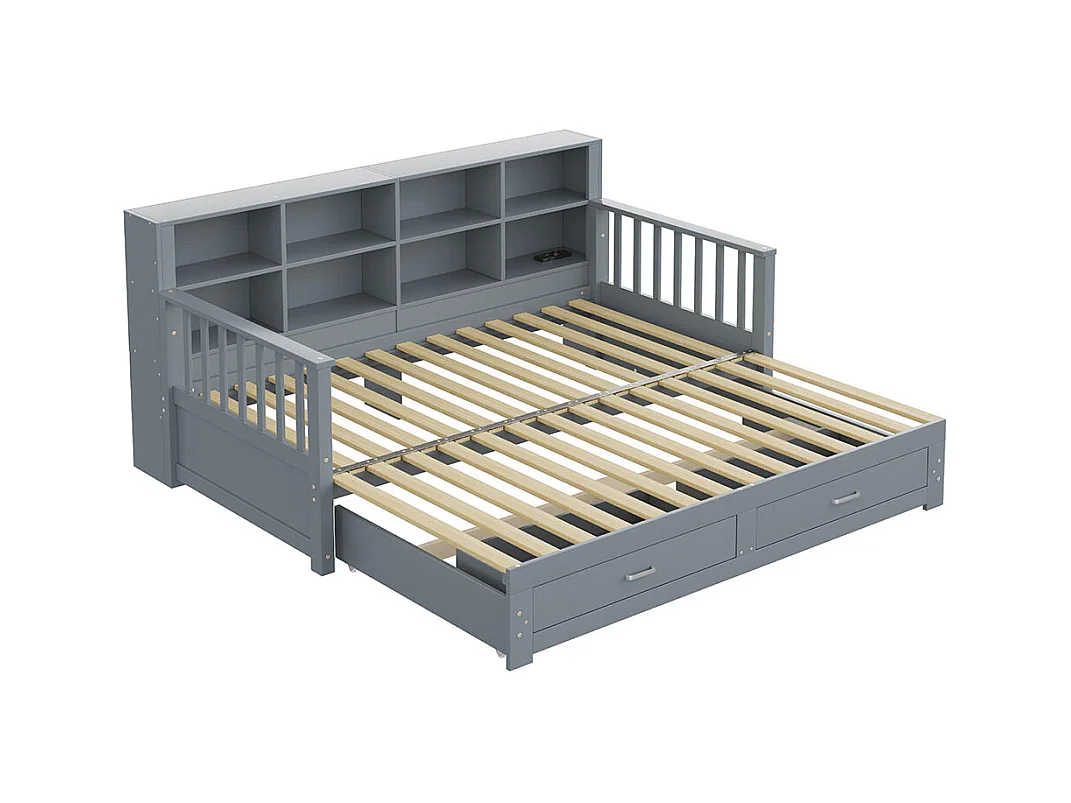 Lit combine extensible en bois massif 90/180x190 armoire de rangement avec prise de charge dans l'accoudoir avec 2 tiroirs et sommier à lattes lit en pin gris