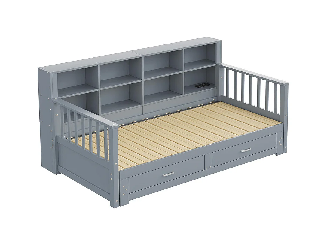 Lit combine extensible en bois massif 90/180x190 armoire de rangement avec prise de charge dans l'accoudoir avec 2 tiroirs et sommier à lattes lit en pin gris