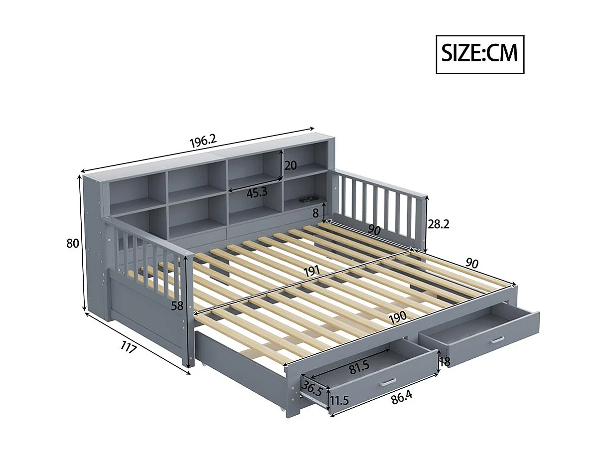 Lit combine extensible en bois massif 90/180x190 armoire de rangement avec prise de charge dans l'accoudoir avec 2 tiroirs et sommier à lattes lit en pin gris
