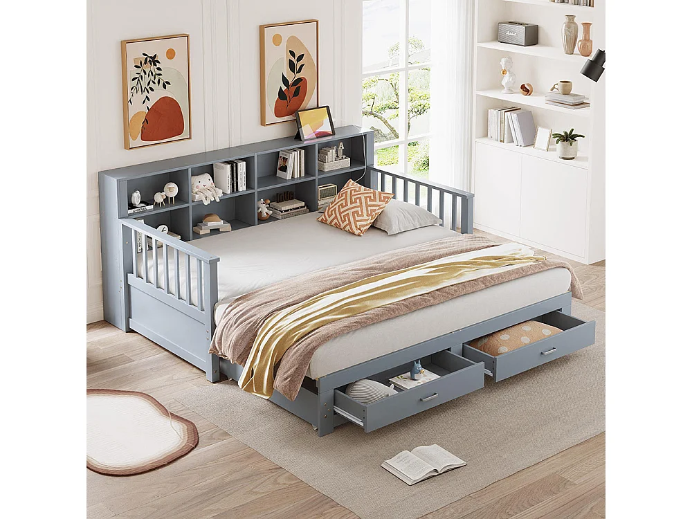 Lit combine extensible en bois massif 90/180x190 armoire de rangement avec prise de charge dans l'accoudoir avec 2 tiroirs et sommier à lattes lit en pin gris