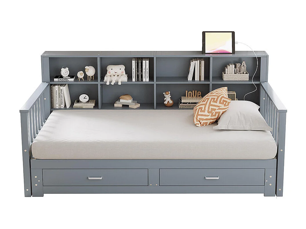 Lit combine extensible en bois massif 90/180x190 armoire de rangement avec prise de charge dans l'accoudoir avec 2 tiroirs et sommier à lattes lit en pin gris