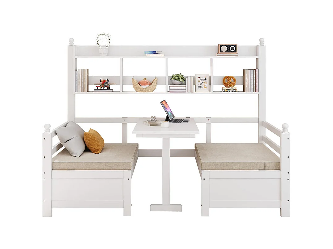 Lit combine lit multifonctionnel en bois massif 90x200 cm lit 2 en 1 et bureau modulable à volonté avec étagère de rangement avec coussins confortables blanc