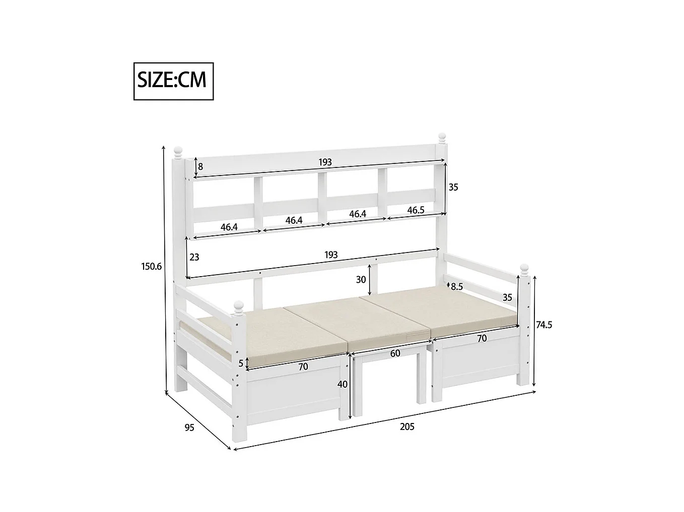 Lit combine lit multifonctionnel en bois massif 90x200 cm lit 2 en 1 et bureau modulable à volonté avec étagère de rangement avec coussins confortables blanc