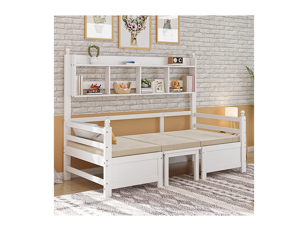 Lit combine lit multifonctionnel en bois massif 90x200 cm lit 2 en 1 et bureau modulable à volonté avec étagère de rangement avec coussins confortables blanc