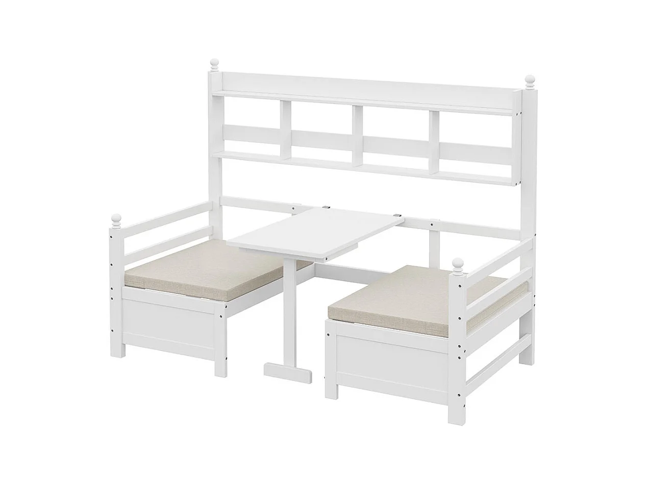 Lit combine lit multifonctionnel en bois massif 90x200 cm lit 2 en 1 et bureau modulable à volonté avec étagère de rangement avec coussins confortables blanc