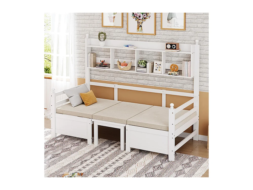 Lit combine lit multifonctionnel en bois massif 90x200 cm lit 2 en 1 et bureau modulable à volonté avec étagère de rangement avec coussins confortables blanc