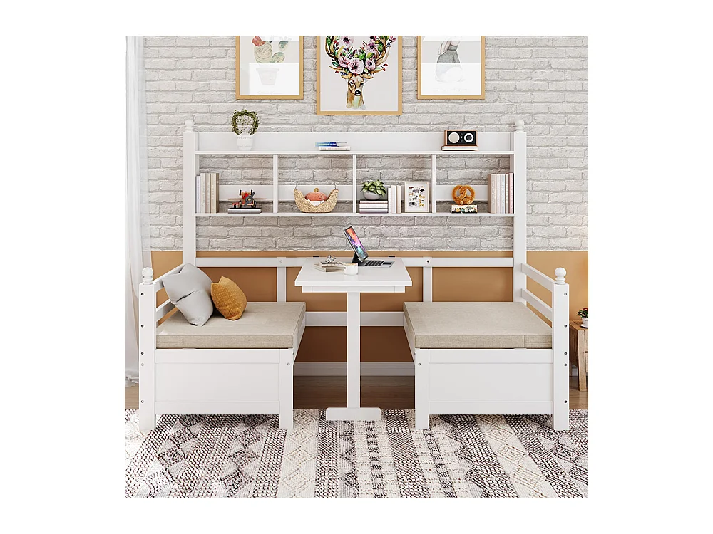 Lit combine lit multifonctionnel en bois massif 90x200 cm lit 2 en 1 et bureau modulable à volonté avec étagère de rangement avec coussins confortables blanc