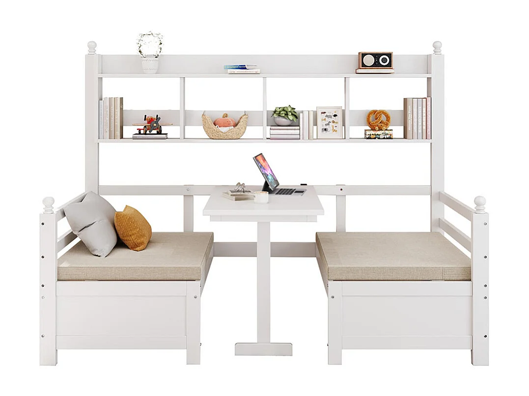 Lit combine lit multifonctionnel en bois massif 90x200 cm lit 2 en 1 et bureau modulable à volonté avec étagère de rangement avec coussins confortables blanc