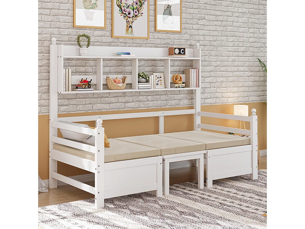 Lit combine lit multifonctionnel en bois massif 90x200 cm lit 2 en 1 et bureau modulable à volonté avec étagère de rangement avec coussins confortables blanc