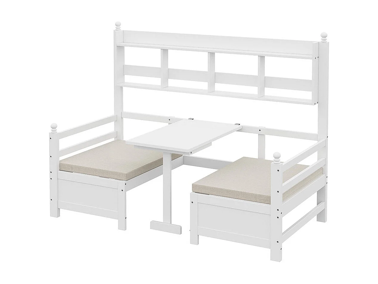 Lit combine lit multifonctionnel en bois massif 90x200 cm lit 2 en 1 et bureau modulable à volonté avec étagère de rangement avec coussins confortables blanc