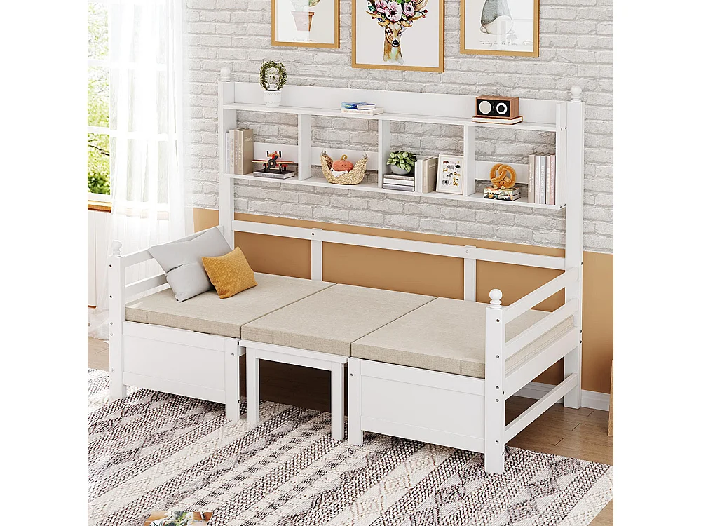 Lit combine lit multifonctionnel en bois massif 90x200 cm lit 2 en 1 et bureau modulable à volonté avec étagère de rangement avec coussins confortables blanc