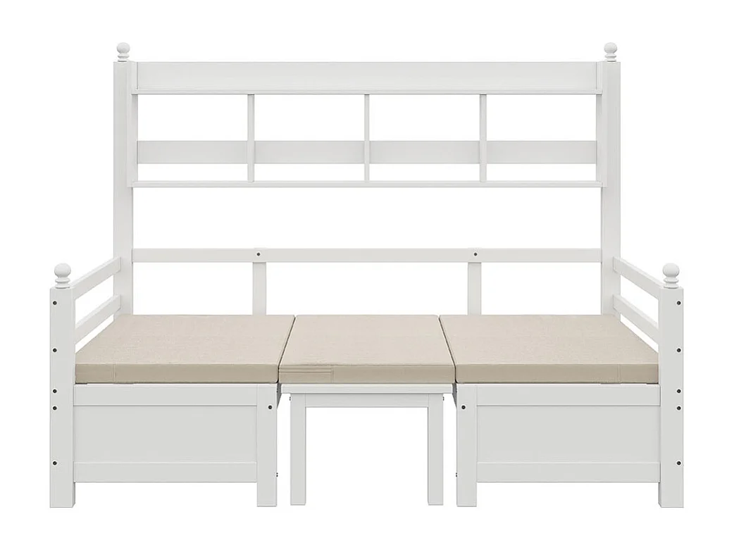 Lit combine lit multifonctionnel en bois massif 90x200 cm lit 2 en 1 et bureau modulable à volonté avec étagère de rangement avec coussins confortables blanc