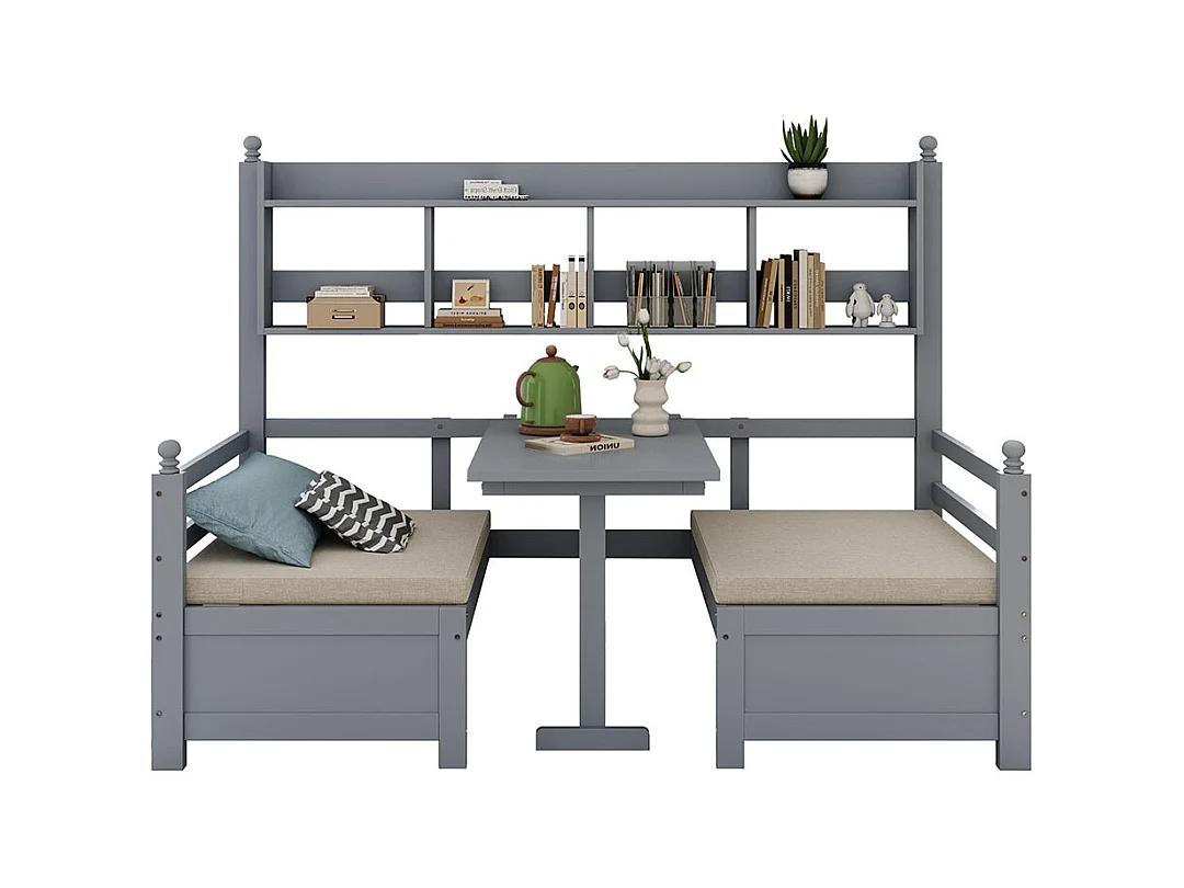 Lit combine lit multifonctionnel en bois massif 90x200 cm lit 2 en 1 et bureau modulable à volonté avec étagère de rangement avec coussins confortables gris
