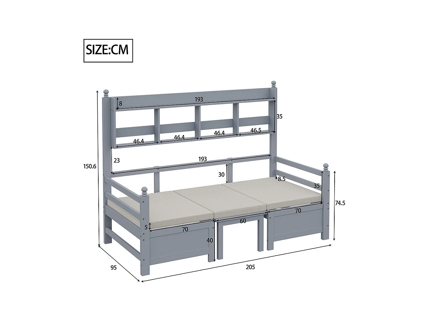 Lit combine lit multifonctionnel en bois massif 90x200 cm lit 2 en 1 et bureau modulable à volonté avec étagère de rangement avec coussins confortables gris
