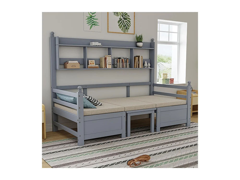 Lit combine lit multifonctionnel en bois massif 90x200 cm lit 2 en 1 et bureau modulable à volonté avec étagère de rangement avec coussins confortables gris