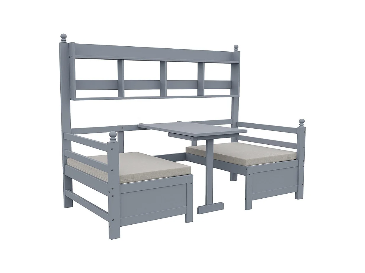 Lit combine lit multifonctionnel en bois massif 90x200 cm lit 2 en 1 et bureau modulable à volonté avec étagère de rangement avec coussins confortables gris