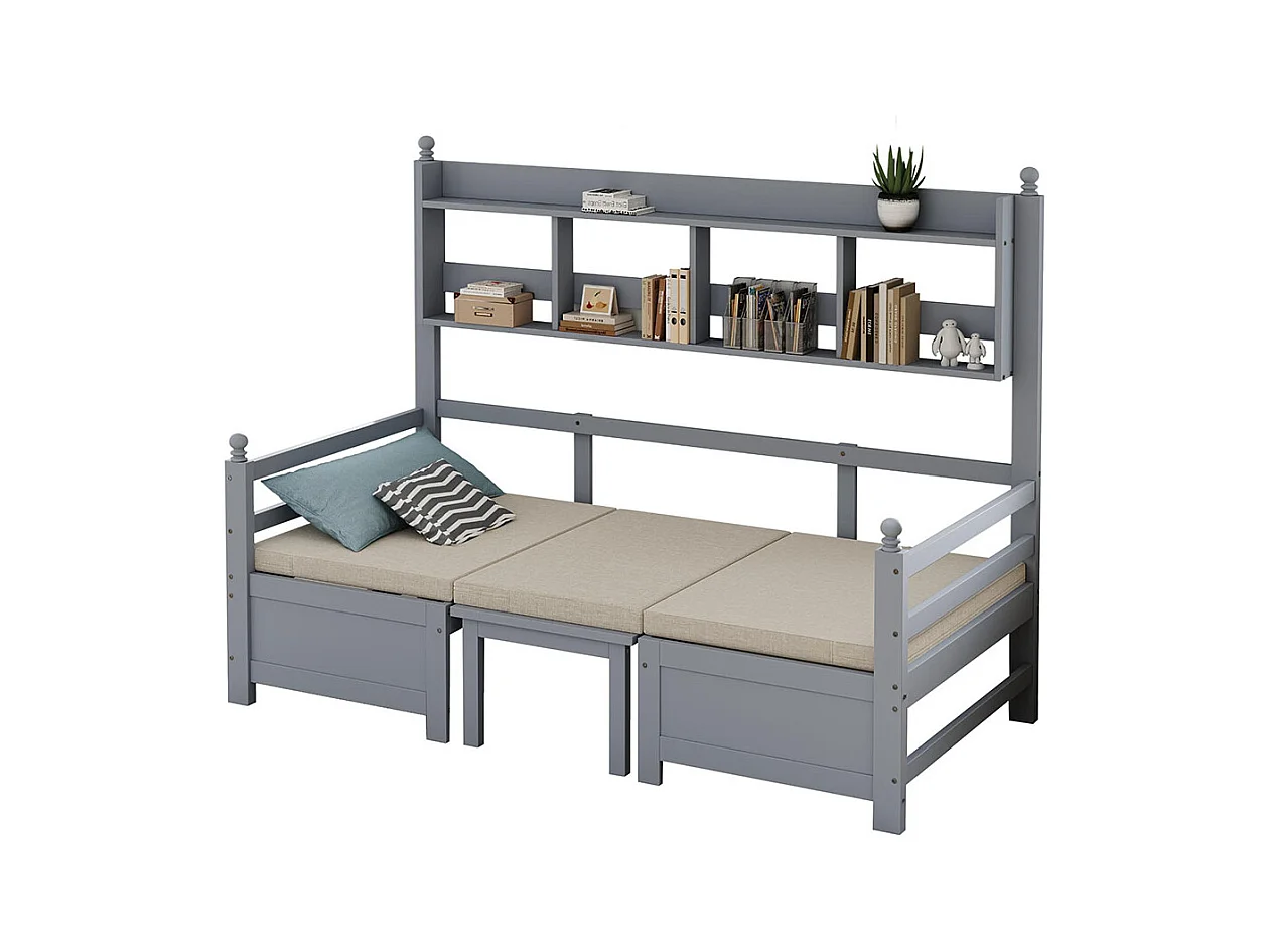 Lit combine lit multifonctionnel en bois massif 90x200 cm lit 2 en 1 et bureau modulable à volonté avec étagère de rangement avec coussins confortables gris