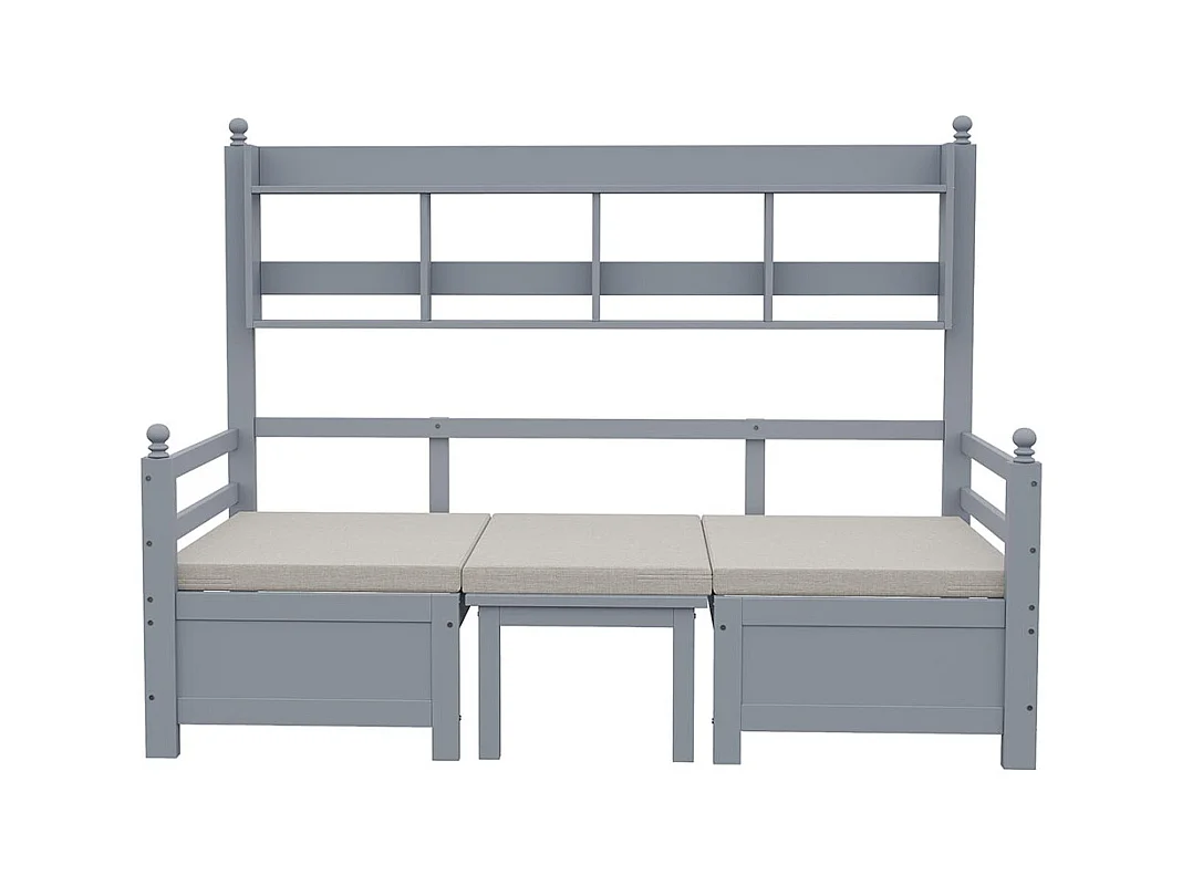 Lit combine lit multifonctionnel en bois massif 90x200 cm lit 2 en 1 et bureau modulable à volonté avec étagère de rangement avec coussins confortables gris
