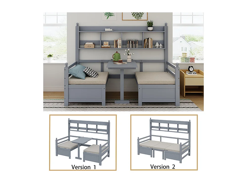 Lit combine lit multifonctionnel en bois massif 90x200 cm lit 2 en 1 et bureau modulable à volonté avec étagère de rangement avec coussins confortables gris