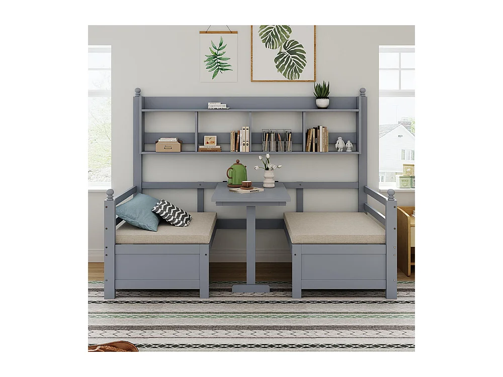 Lit combine lit multifonctionnel en bois massif 90x200 cm lit 2 en 1 et bureau modulable à volonté avec étagère de rangement avec coussins confortables gris