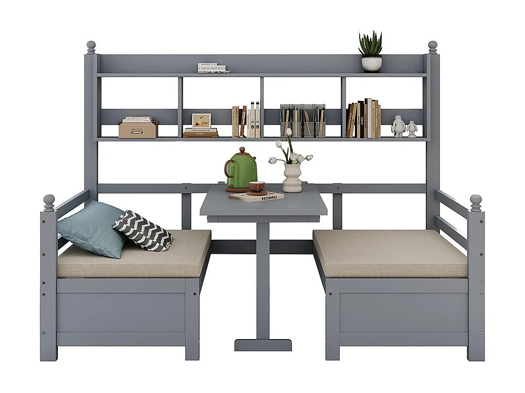 Lit combine lit multifonctionnel en bois massif 90x200 cm lit 2 en 1 et bureau modulable à volonté avec étagère de rangement avec coussins confortables gris