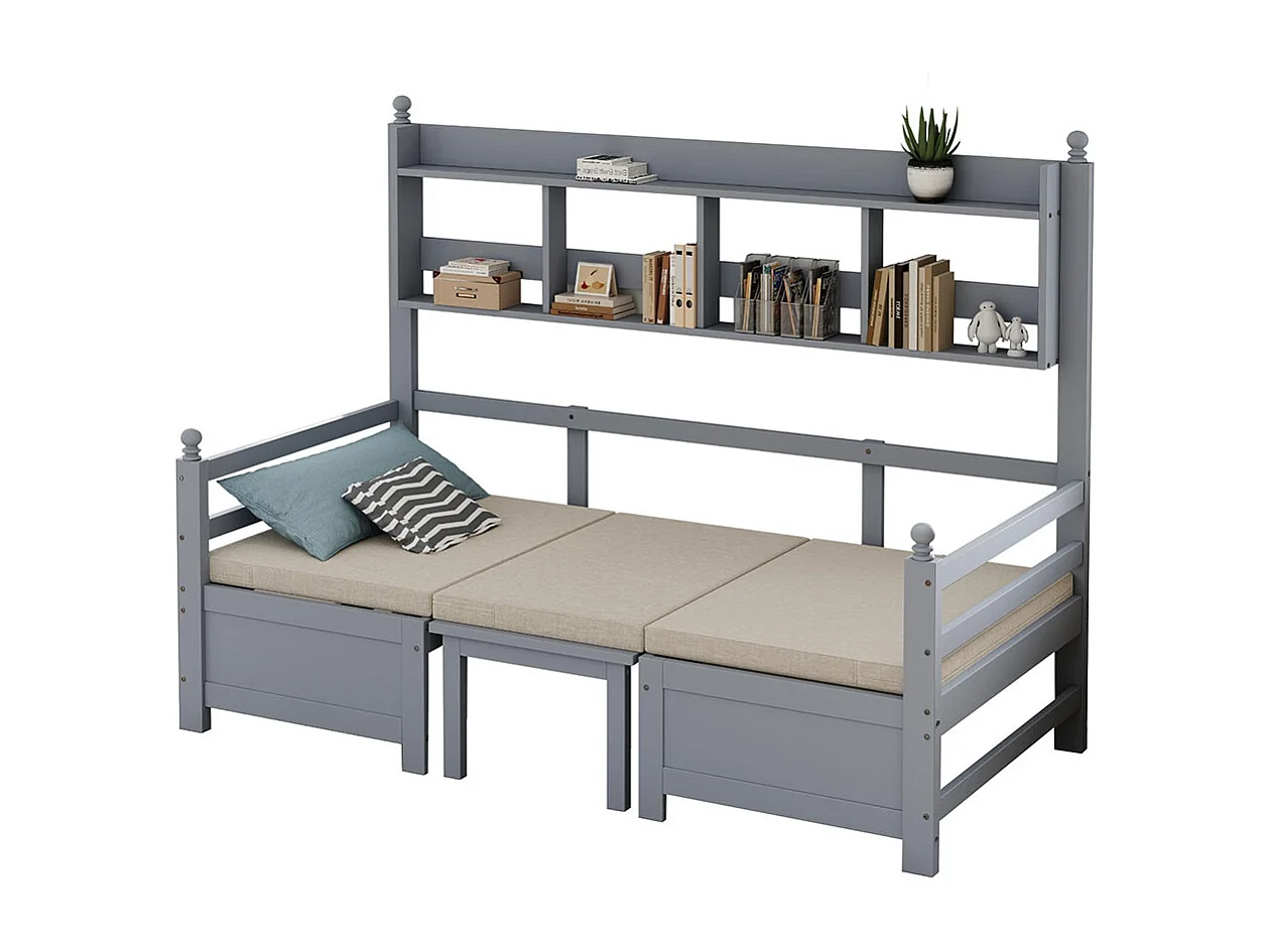 Lit combine lit multifonctionnel en bois massif 90x200 cm lit 2 en 1 et bureau modulable à volonté avec étagère de rangement avec coussins confortables gris