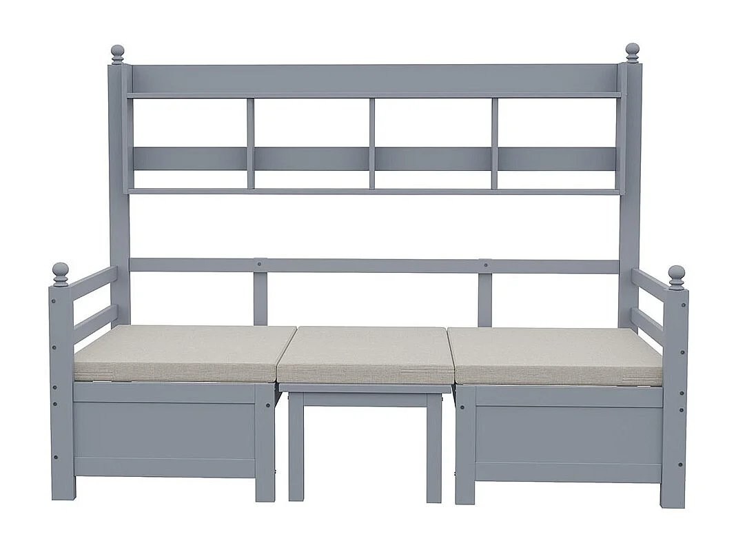 Lit combine lit multifonctionnel en bois massif 90x200 cm lit 2 en 1 et bureau modulable à volonté avec étagère de rangement avec coussins confortables gris