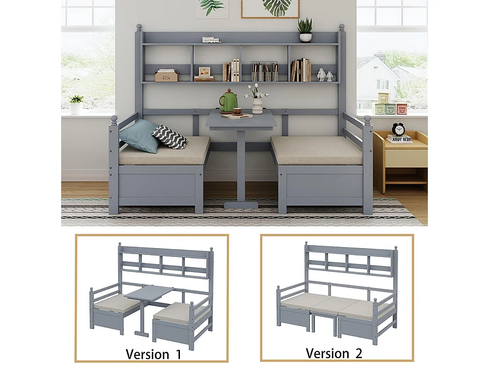 Lit combine lit multifonctionnel en bois massif 90x200 cm lit 2 en 1 et bureau modulable à volonté avec étagère de rangement avec coussins confortables gris