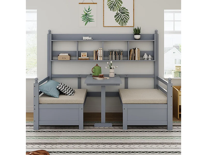 Lit combine lit multifonctionnel en bois massif 90x200 cm lit 2 en 1 et bureau modulable à volonté avec étagère de rangement avec coussins confortables gris