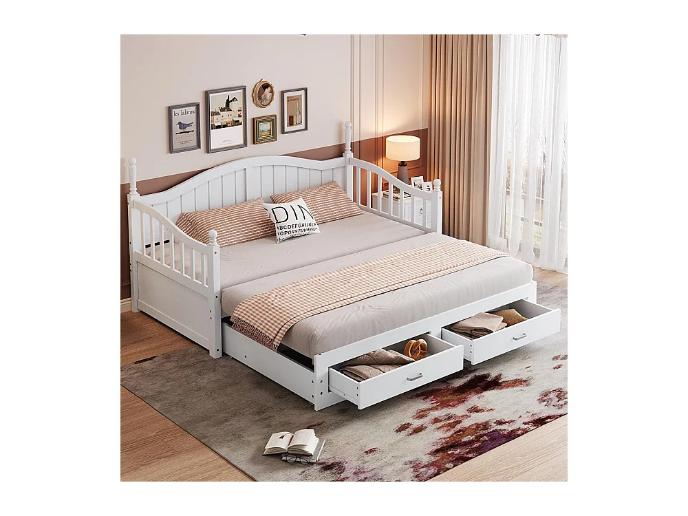 Lit combine extensible En bois massif 90/180×190 avec colonnes romaines dossier incurvé et accoudoirs avec tiroirs et sommier à lattes lit en pin blanc