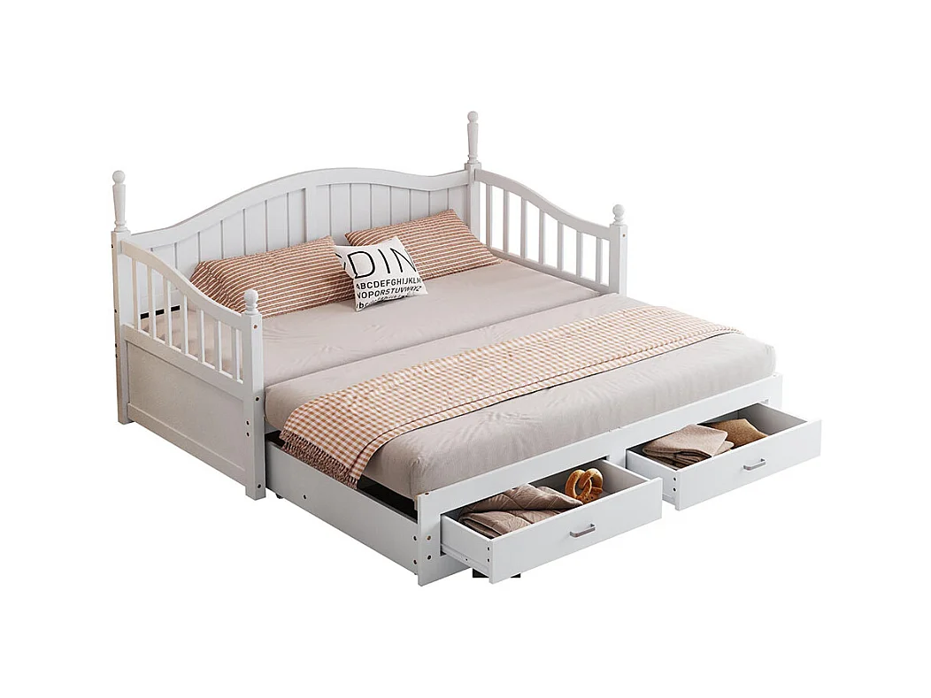 Lit combine extensible En bois massif 90/180×190 avec colonnes romaines dossier incurvé et accoudoirs avec tiroirs et sommier à lattes lit en pin blanc