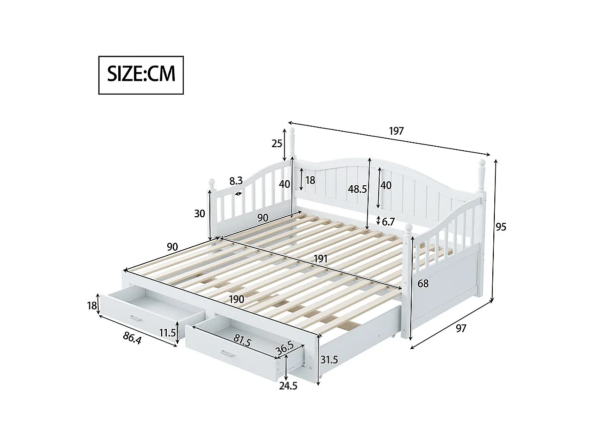 Lit combine extensible En bois massif 90/180×190 avec colonnes romaines dossier incurvé et accoudoirs avec tiroirs et sommier à lattes lit en pin blanc