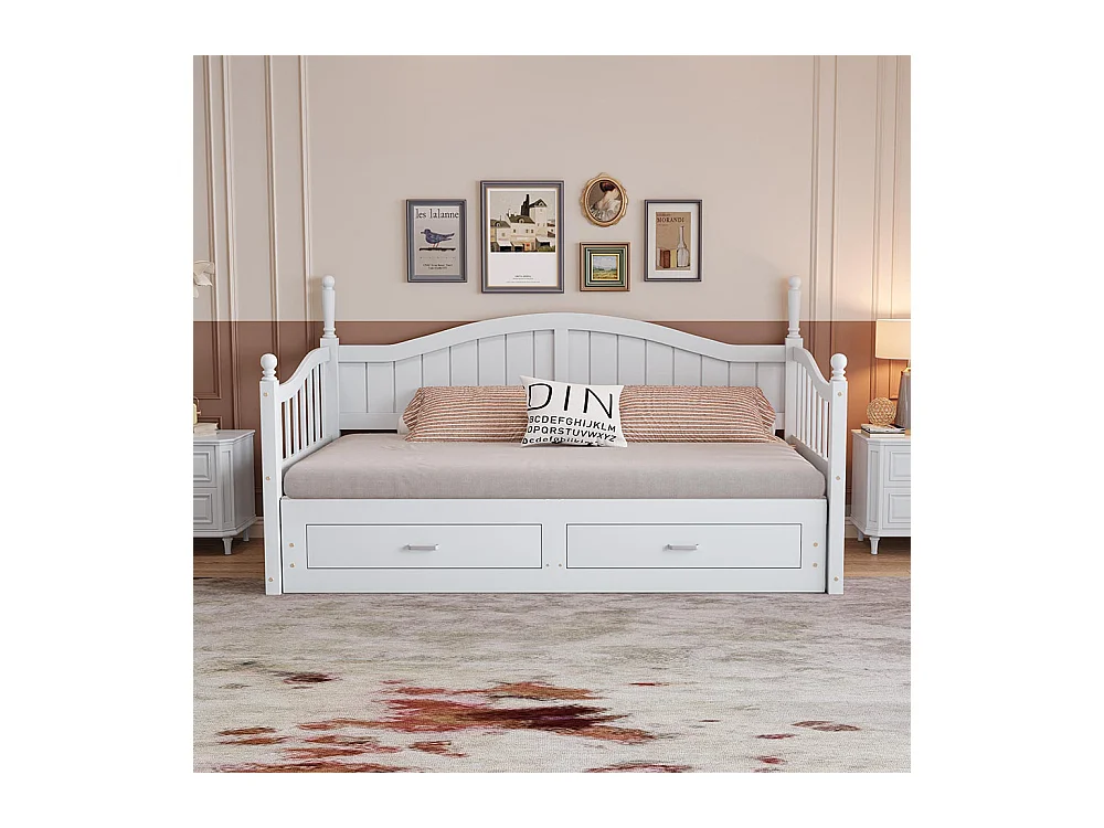 Lit combine extensible En bois massif 90/180×190 avec colonnes romaines dossier incurvé et accoudoirs avec tiroirs et sommier à lattes lit en pin blanc