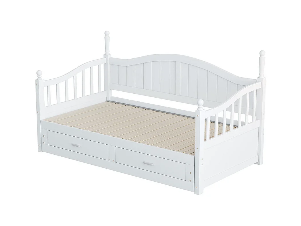 Lit combine extensible En bois massif 90/180×190 avec colonnes romaines dossier incurvé et accoudoirs avec tiroirs et sommier à lattes lit en pin blanc