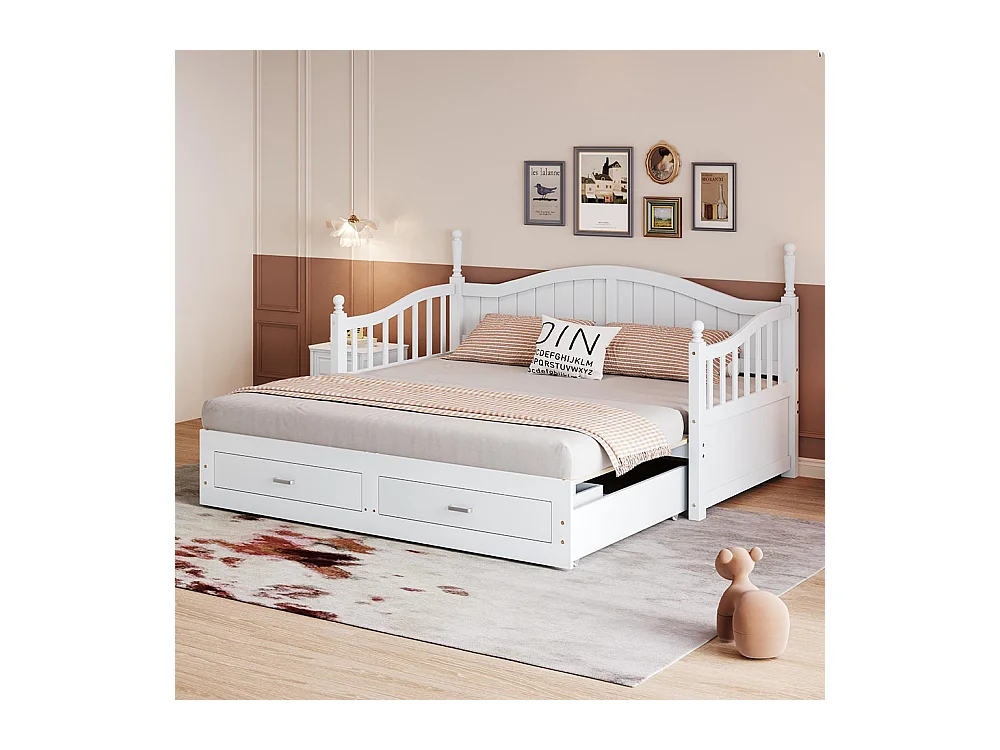 Lit combine extensible En bois massif 90/180×190 avec colonnes romaines dossier incurvé et accoudoirs avec tiroirs et sommier à lattes lit en pin blanc