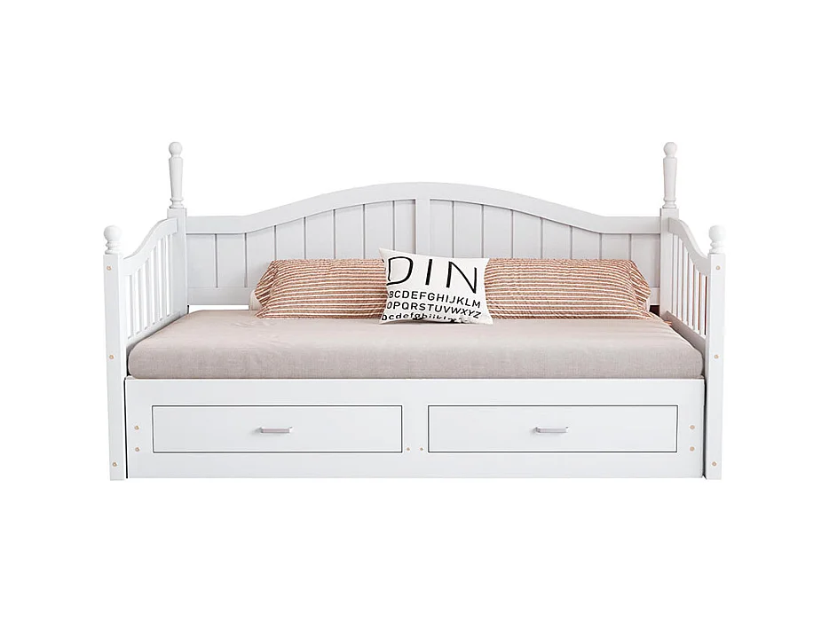 Lit combine extensible En bois massif 90/180×190 avec colonnes romaines dossier incurvé et accoudoirs avec tiroirs et sommier à lattes lit en pin blanc