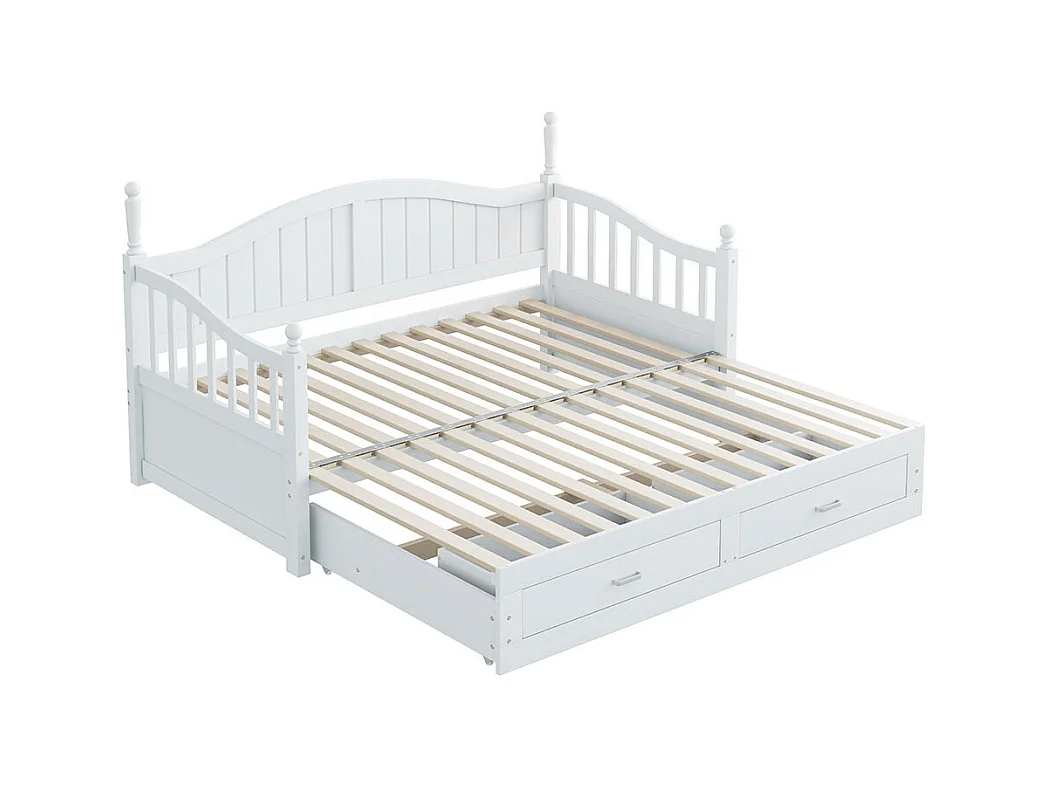 Lit combine extensible En bois massif 90/180×190 avec colonnes romaines dossier incurvé et accoudoirs avec tiroirs et sommier à lattes lit en pin blanc