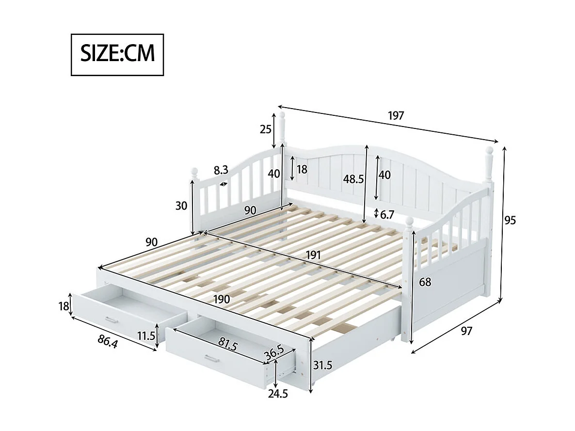 Lit combine extensible En bois massif 90/180×190 avec colonnes romaines dossier incurvé et accoudoirs avec tiroirs et sommier à lattes lit en pin blanc