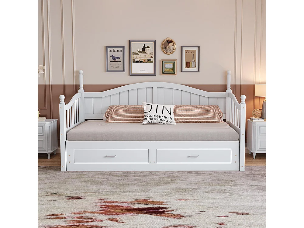 Lit combine extensible En bois massif 90/180×190 avec colonnes romaines dossier incurvé et accoudoirs avec tiroirs et sommier à lattes lit en pin blanc