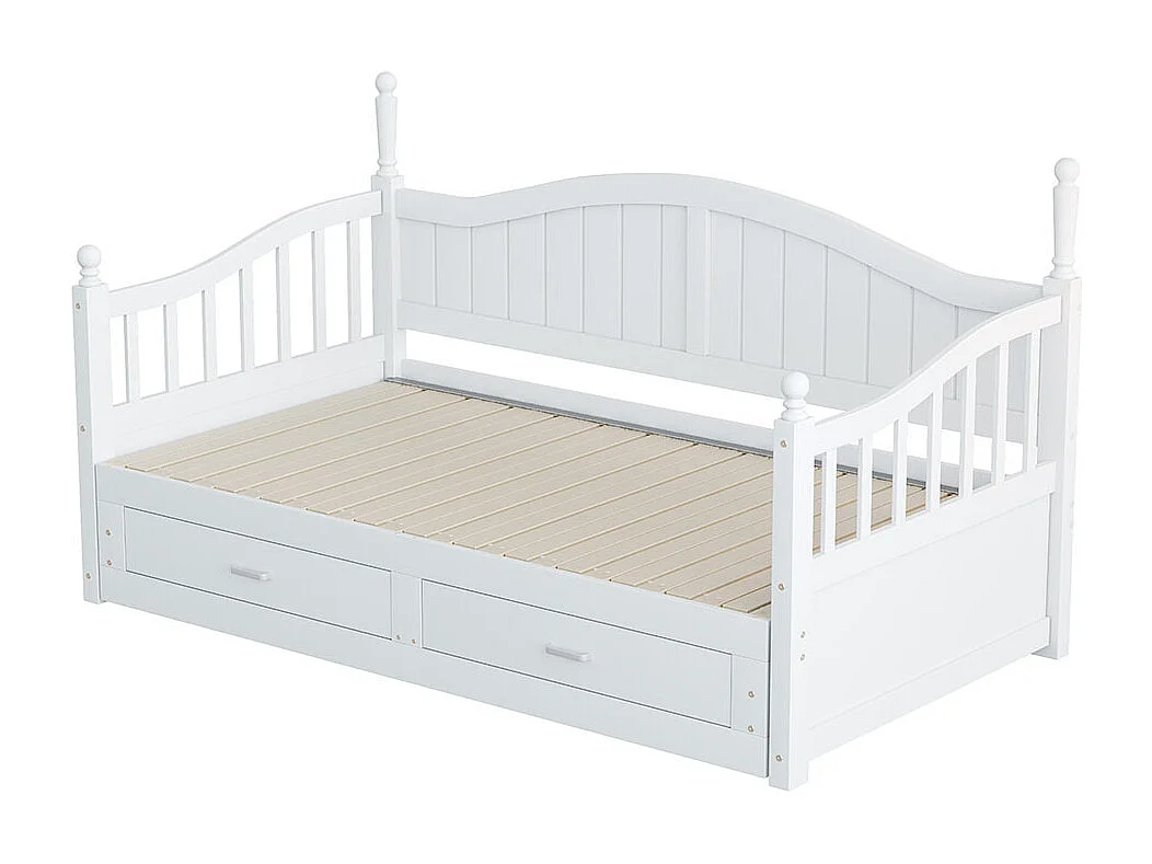 Lit combine extensible En bois massif 90/180×190 avec colonnes romaines dossier incurvé et accoudoirs avec tiroirs et sommier à lattes lit en pin blanc