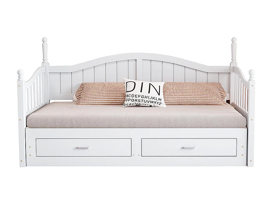 Lit combine extensible En bois massif 90/180×190 avec colonnes romaines dossier incurvé et accoudoirs avec tiroirs et sommier à lattes lit en pin blanc