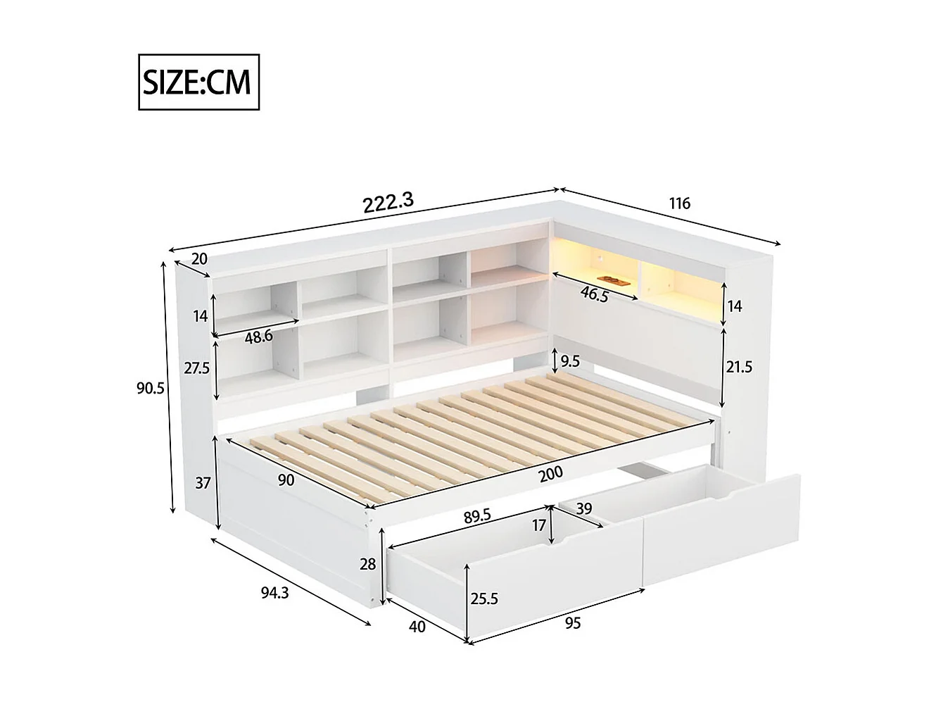 Lit combine en bois massif 90×200 avec prise USB et éclairage LED avec étagères et compartiments de rangement lit avec 2 tiroirs blanc