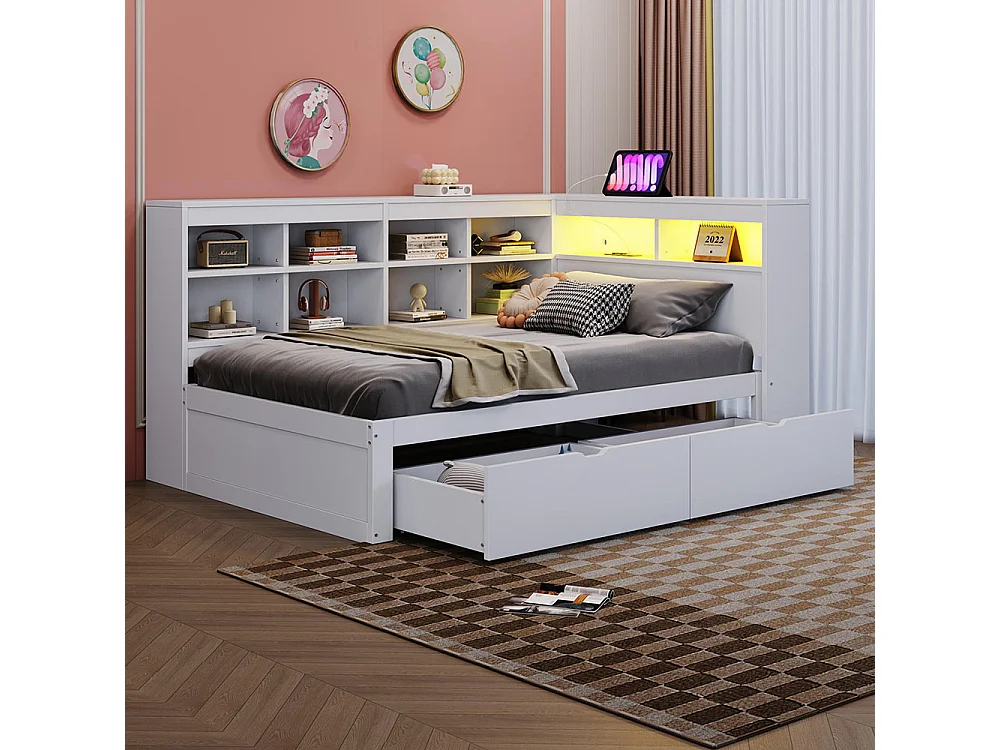 Lit combine en bois massif 90×200 avec prise USB et éclairage LED avec étagères et compartiments de rangement lit avec 2 tiroirs blanc
