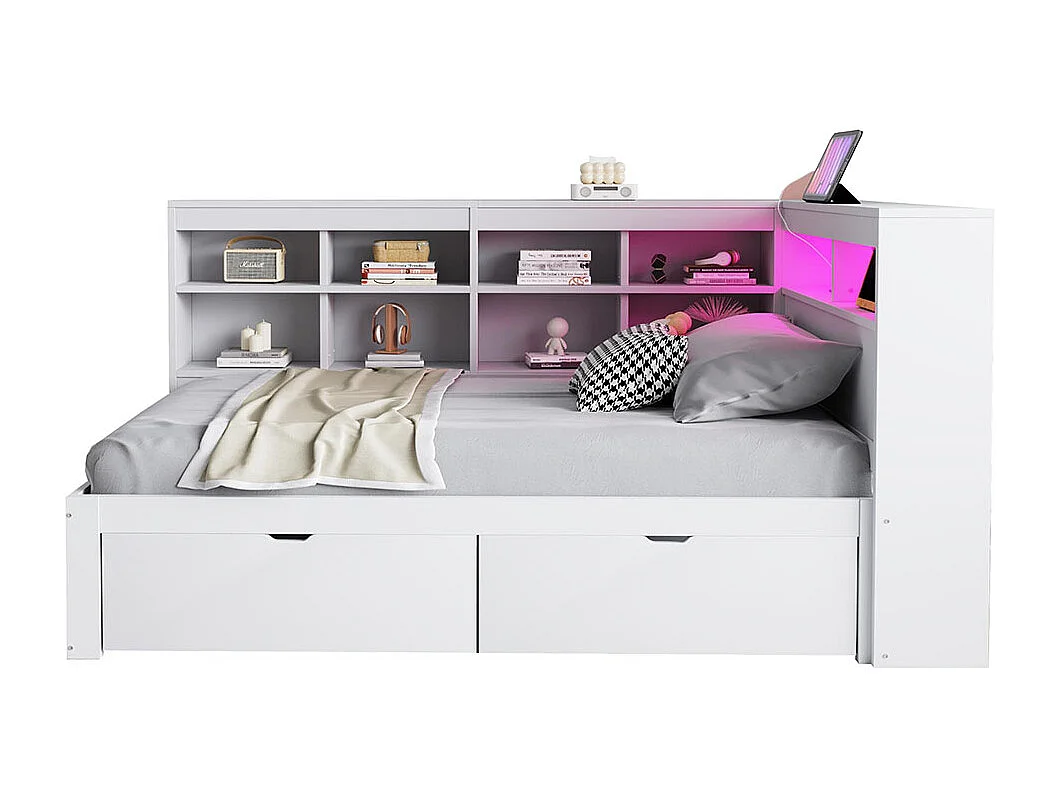 Lit combine en bois massif 90×200 avec prise USB et éclairage LED avec étagères et compartiments de rangement lit avec 2 tiroirs blanc