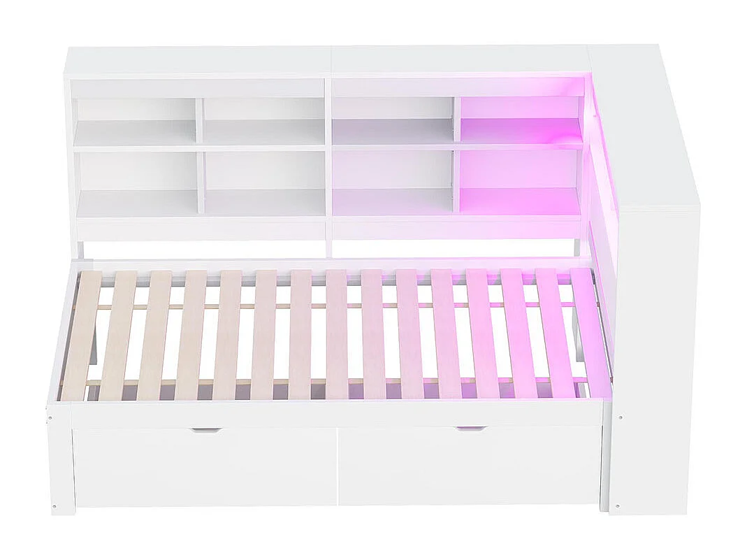 Lit combine en bois massif 90×200 avec prise USB et éclairage LED avec étagères et compartiments de rangement lit avec 2 tiroirs blanc