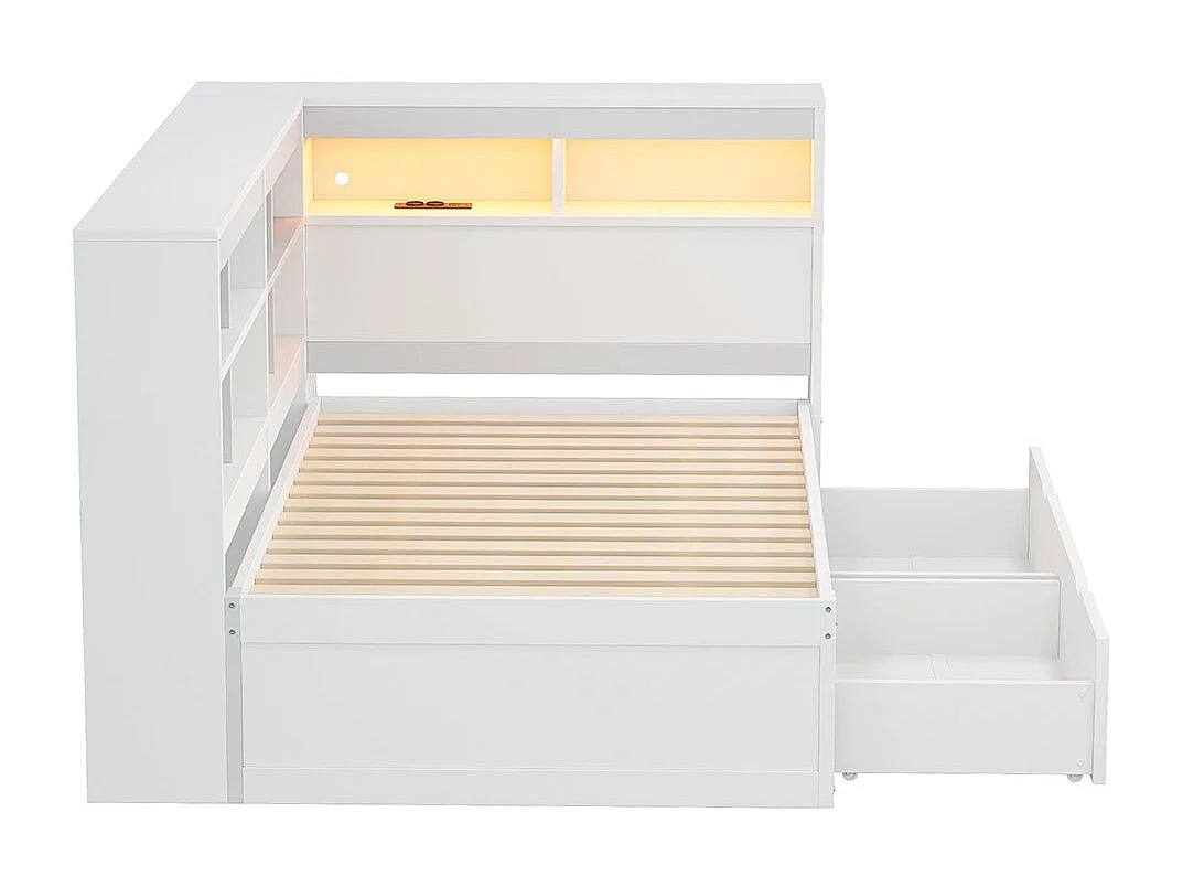 Lit combine en bois massif 90×200 avec prise USB et éclairage LED avec étagères et compartiments de rangement lit avec 2 tiroirs blanc